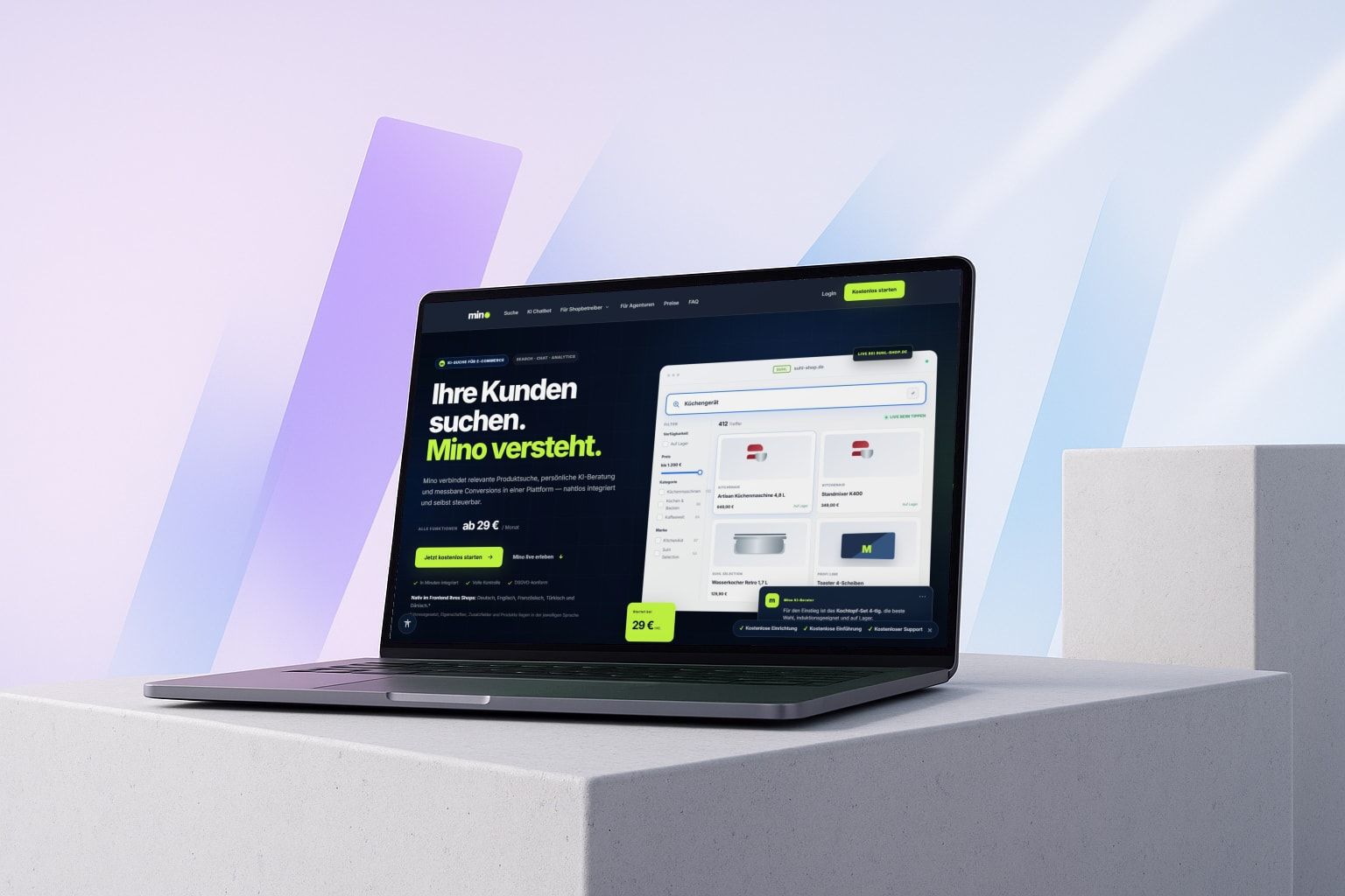 Laptop mit der KI-Suche Minofinder für Onlineshops, entwickelt von Web Labels
