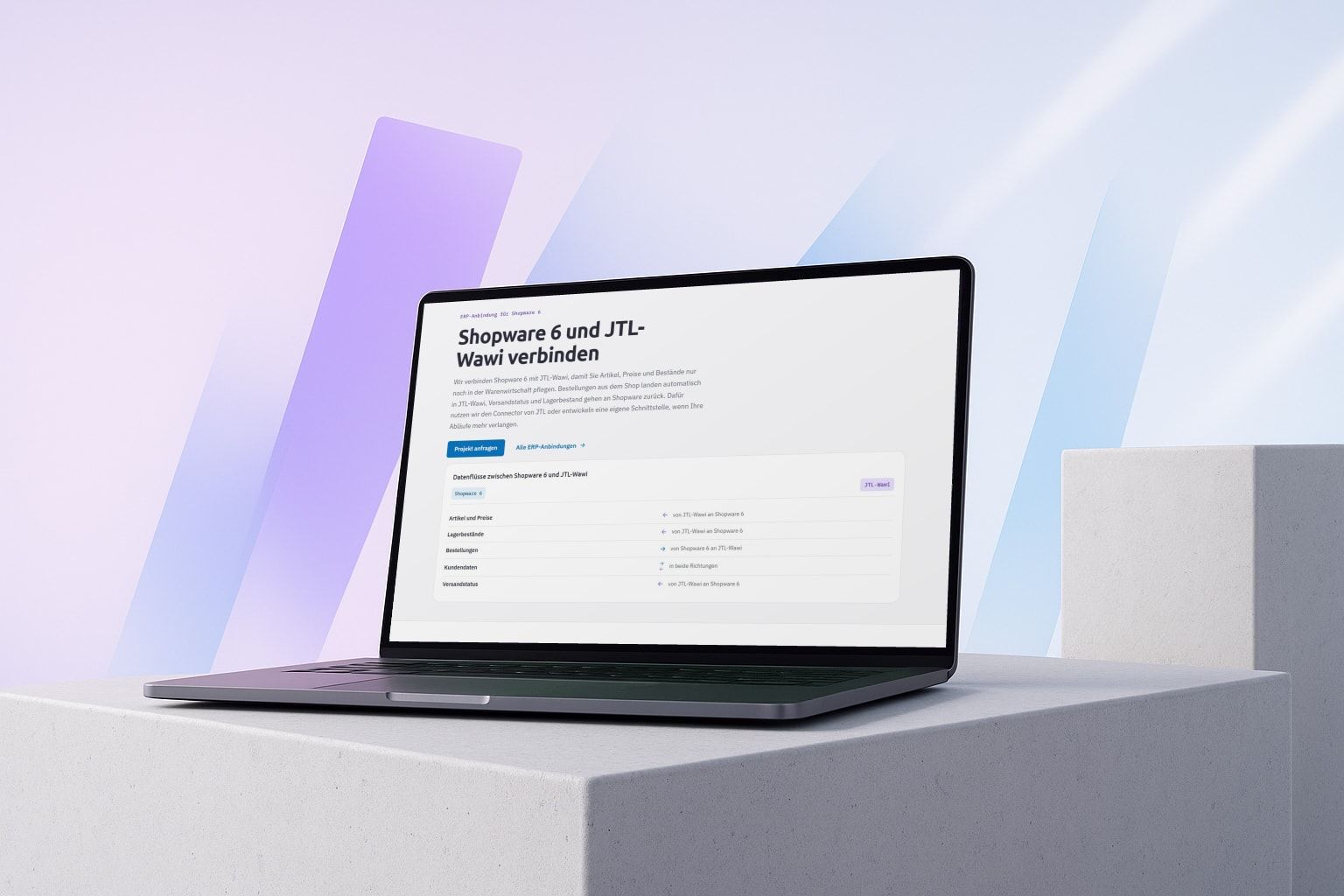 Laptop mit der Datenfluss-Übersicht einer Shopware-6-Anbindung an JTL-Wawi von Web Labels
