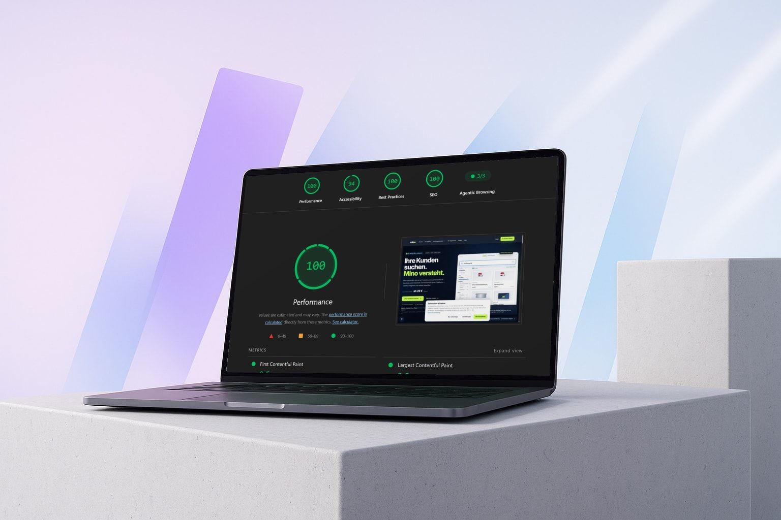Laptop mit einem Lighthouse-Bericht, SEO und Performance von Web Labels