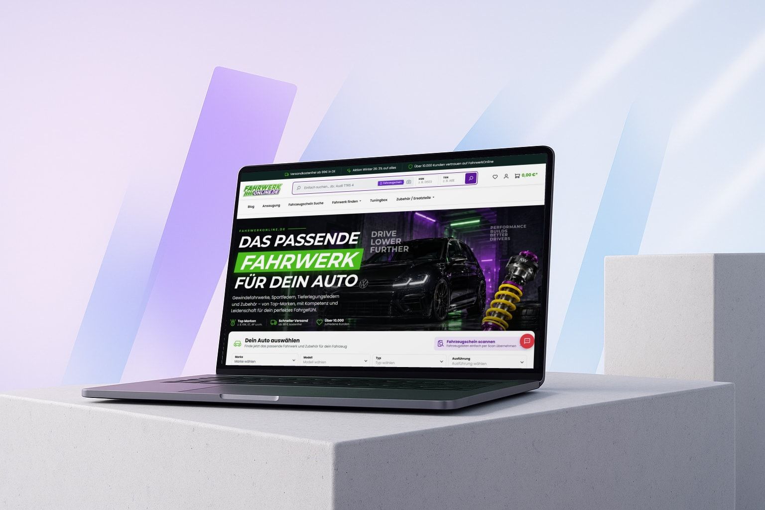 Laptop mit dem Shopware-6-Shop Fahrwerkonline für Fahrwerke und Tuningteile, umgesetzt von Web Labels als Agentur für KFZ und Tuning