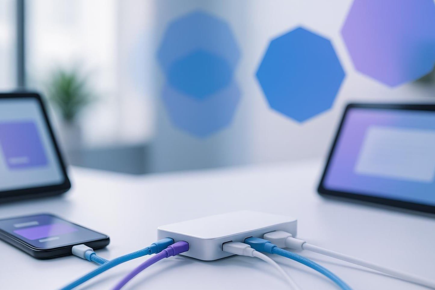 USB-C-Hub mit Kabeln zu Smartphone, Tablet und Festplatte als Sinnbild für APIs und Middleware