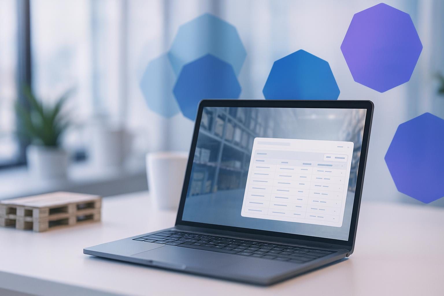 Laptop mit Produktliste und Lagerregalen als Sinnbild für Shopware B2B-Commerce