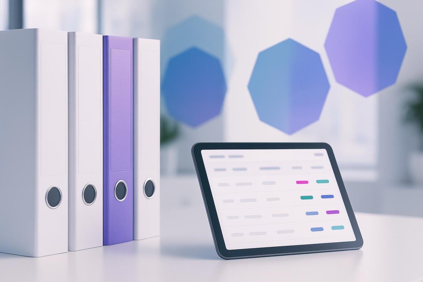 Ordnerreihe und Tablet mit Verwaltungstabelle als Sinnbild für individuelle Backends statt Papierablage