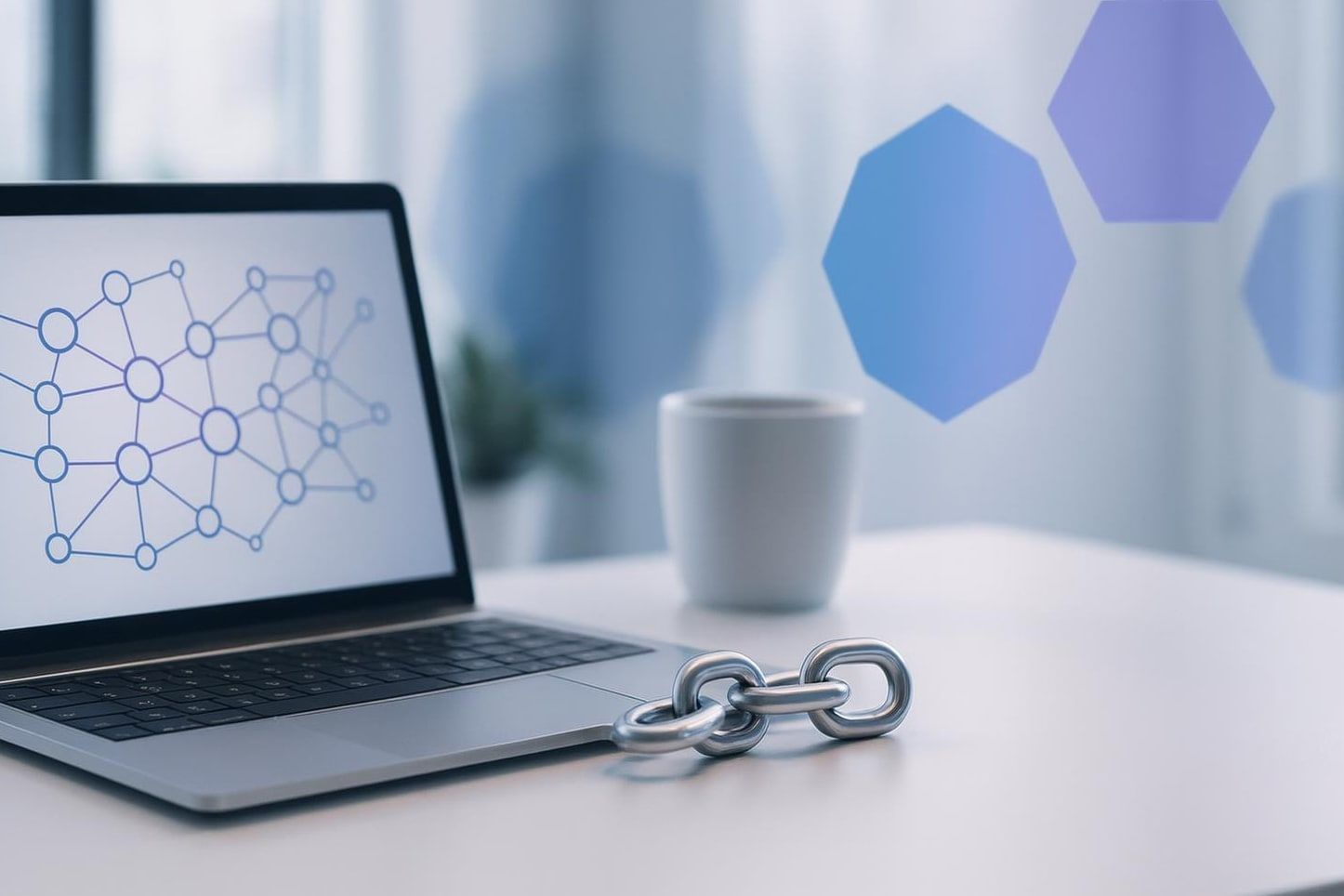 Laptop mit Netzwerkgrafik und Metallkette auf dem Schreibtisch als Sinnbild für Backlink-Building