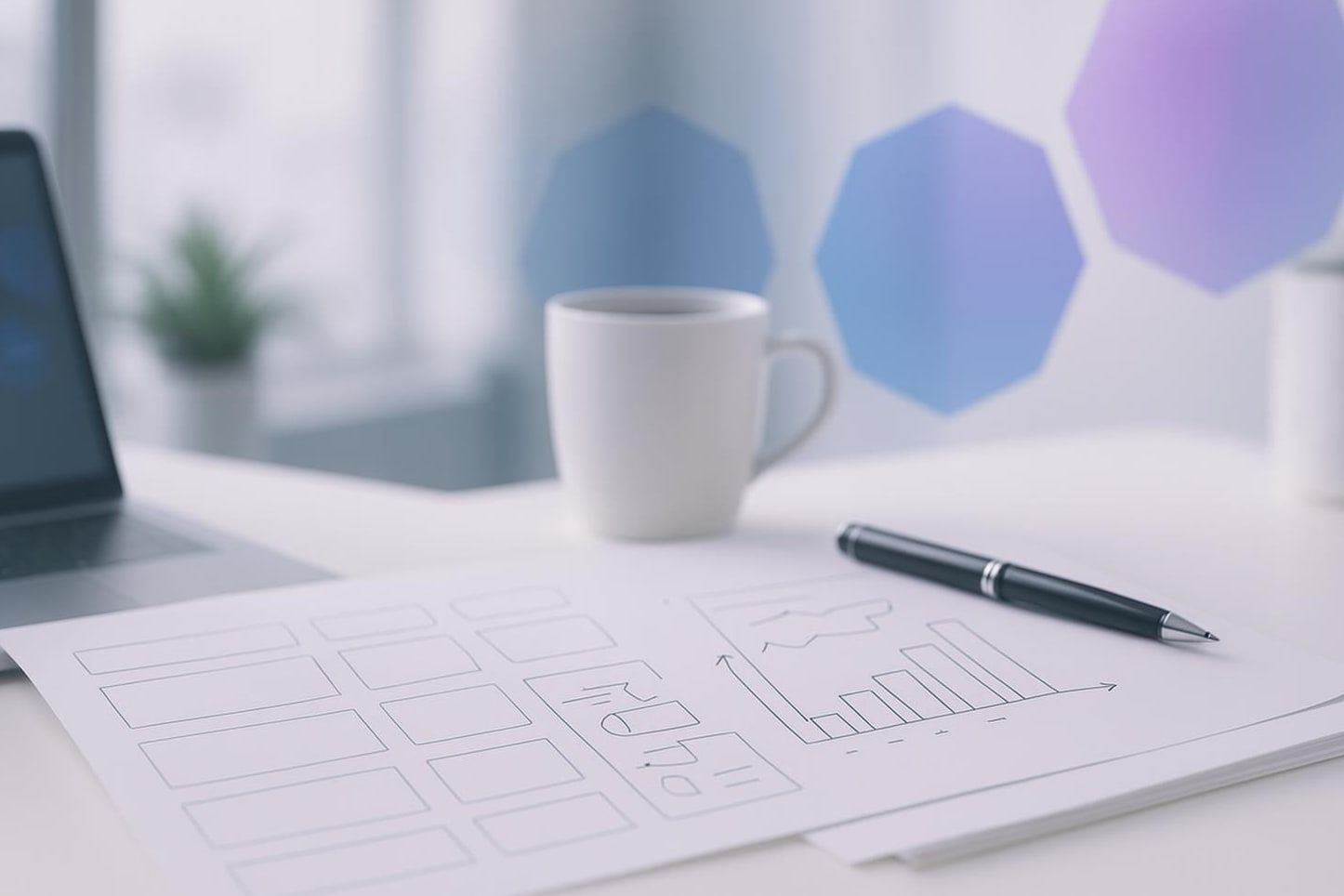 Skizzen mit Mindmap, Wettbewerbsvergleich und Monatsplan auf dem Schreibtisch als Sinnbild für SEO Consulting