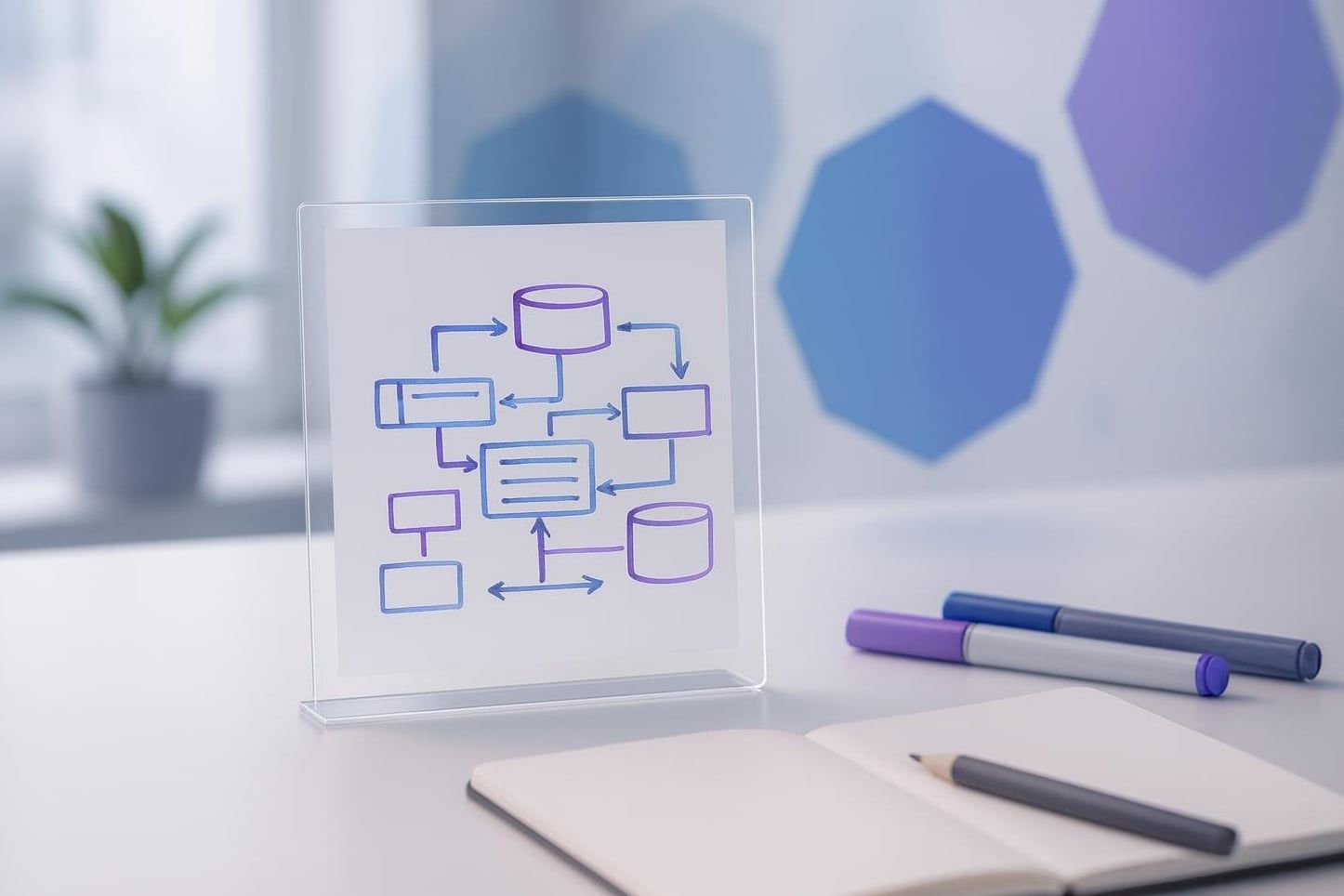 Gläsernes Whiteboard mit Skizze der Softwarearchitektur, Marker und Notizbuch als Sinnbild für Software Consulting