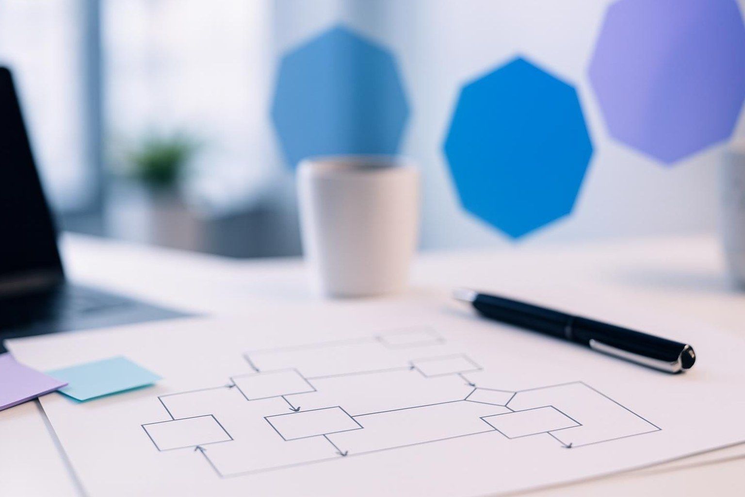 Flussdiagramm, Haftnotizen und Kaffeetasse auf dem Schreibtisch als Sinnbild für Schnittstellen Consulting