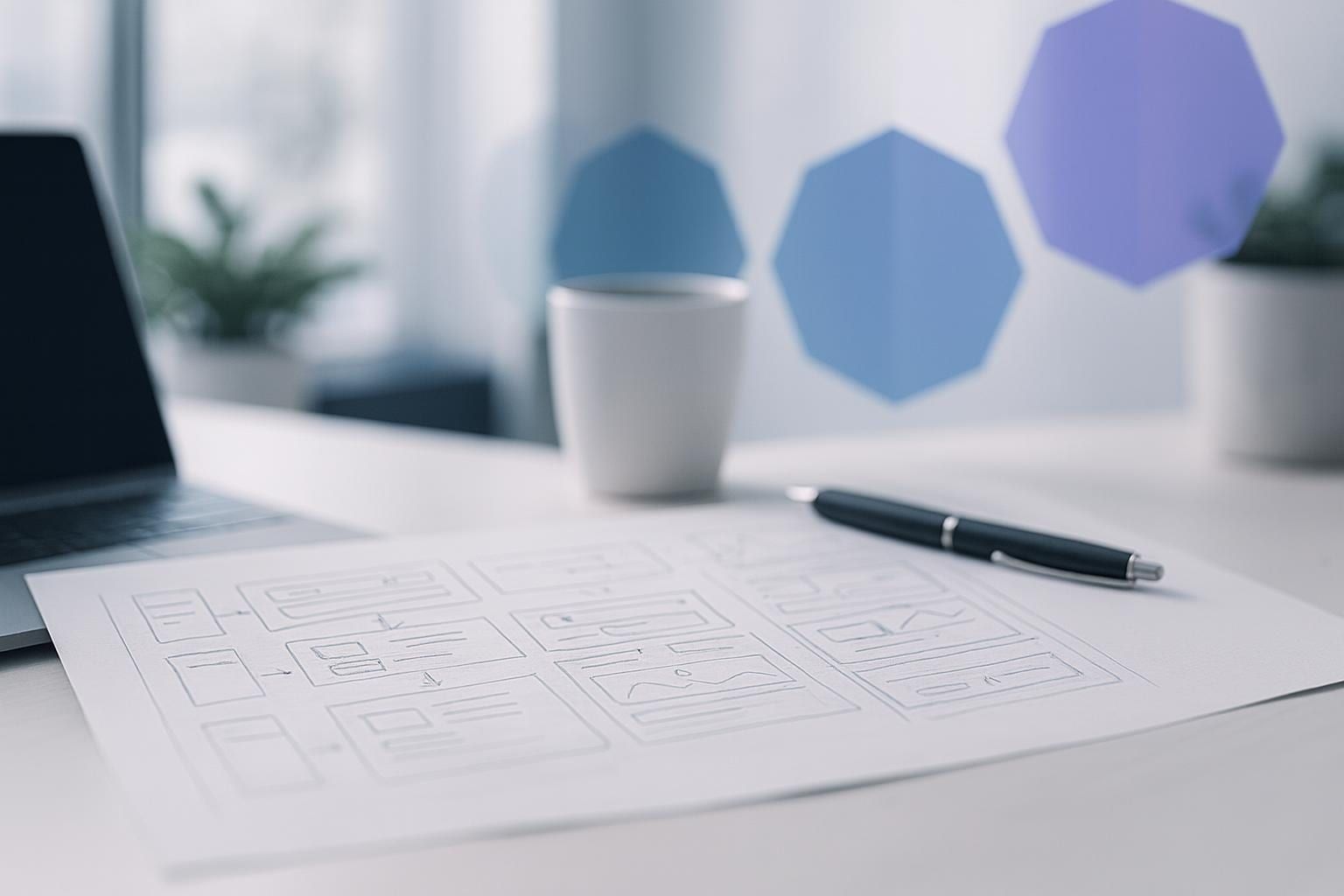 Schreibtisch mit Wireframe-Skizzen, Stift und Kaffeetasse als Sinnbild für Shopware Consulting