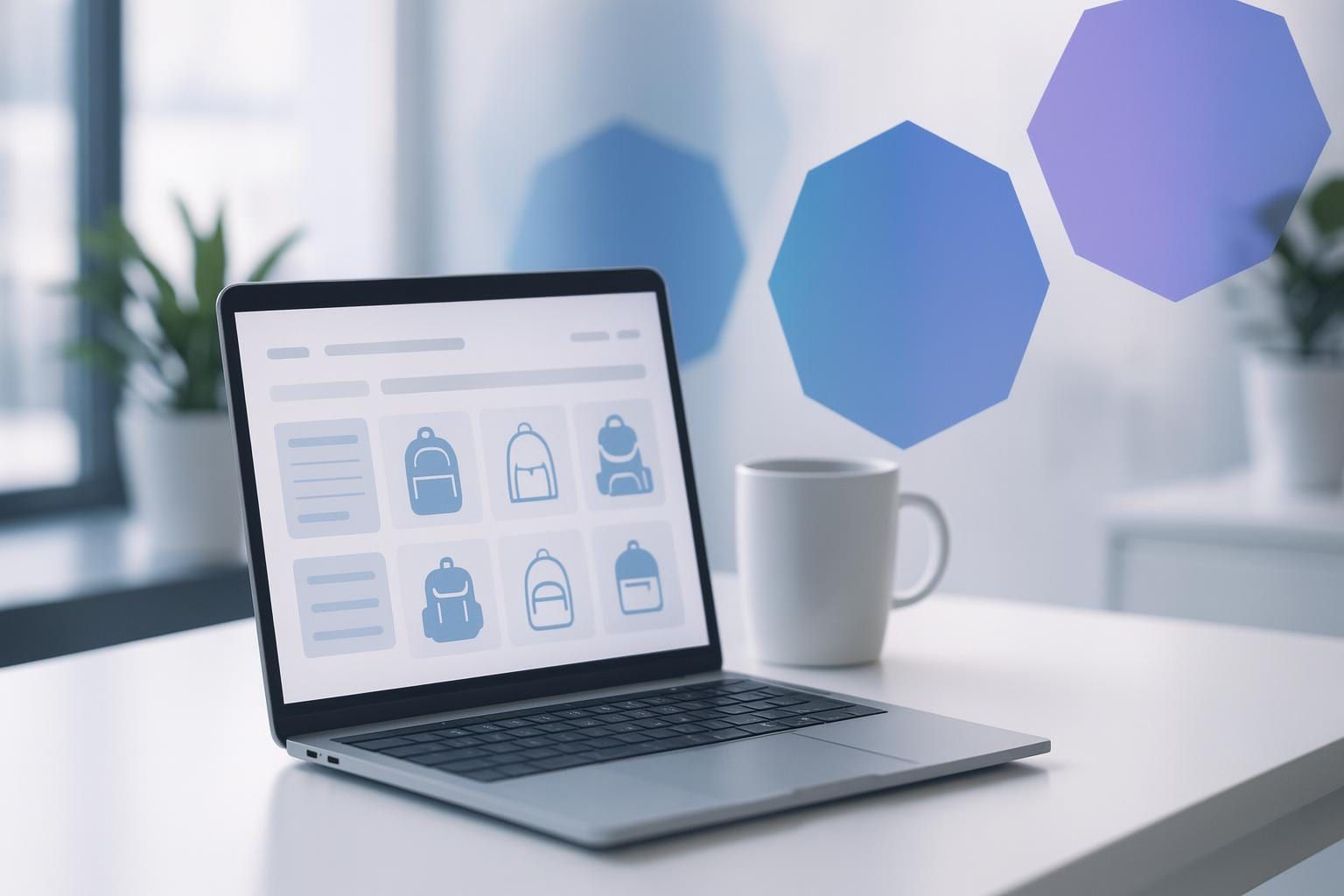 Laptop mit Onlineshop-Ansicht im hellen Büro als Sinnbild für Shopware 6 Entwicklung