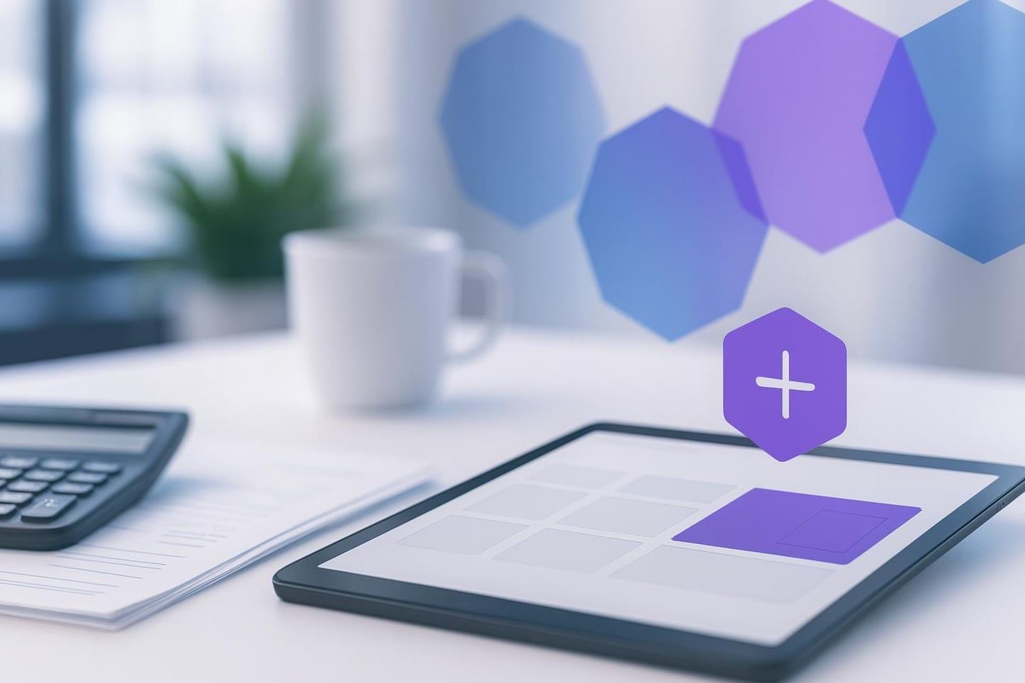 Taschenrechner, Rechnungen und Tablet mit Dashboard, in das ein neues Modul eingefügt wird, als Sinnbild für ERP-Erweiterungen per API
