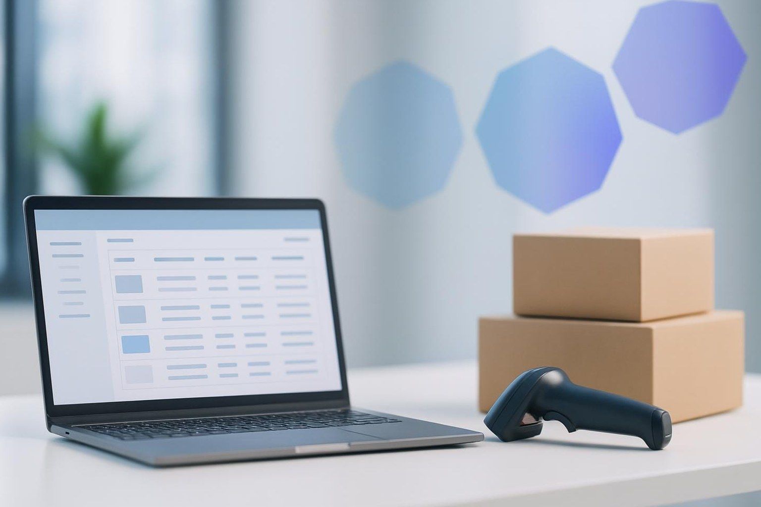 Laptop mit Lagerverwaltung, Barcodescanner und Kartons als Sinnbild für die ERP-Schnittstelle für Shopware 6
