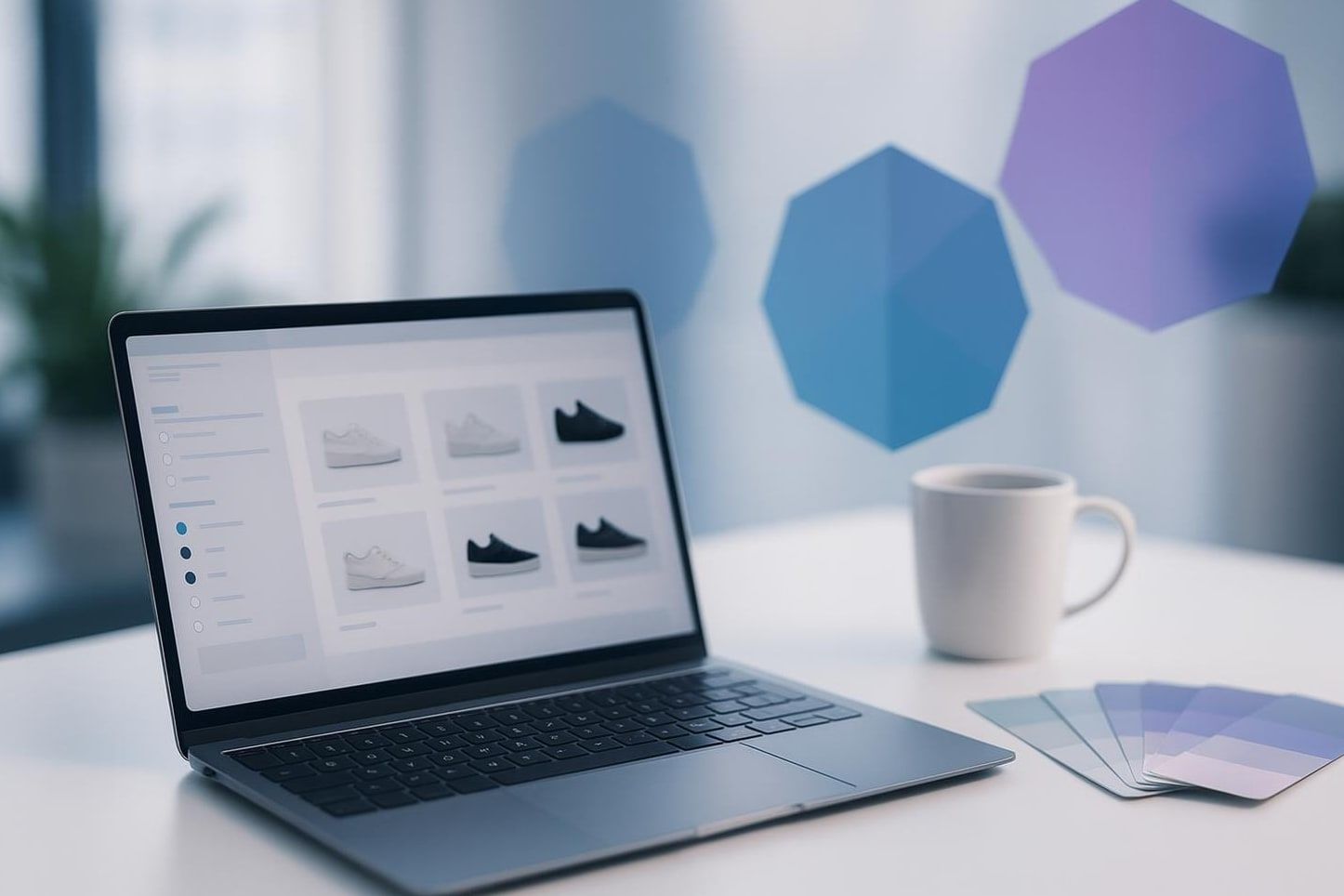 Laptop mit Kategorieseite, Filterleiste und Produktraster als Sinnbild für Filter- und Varianten-SEO
