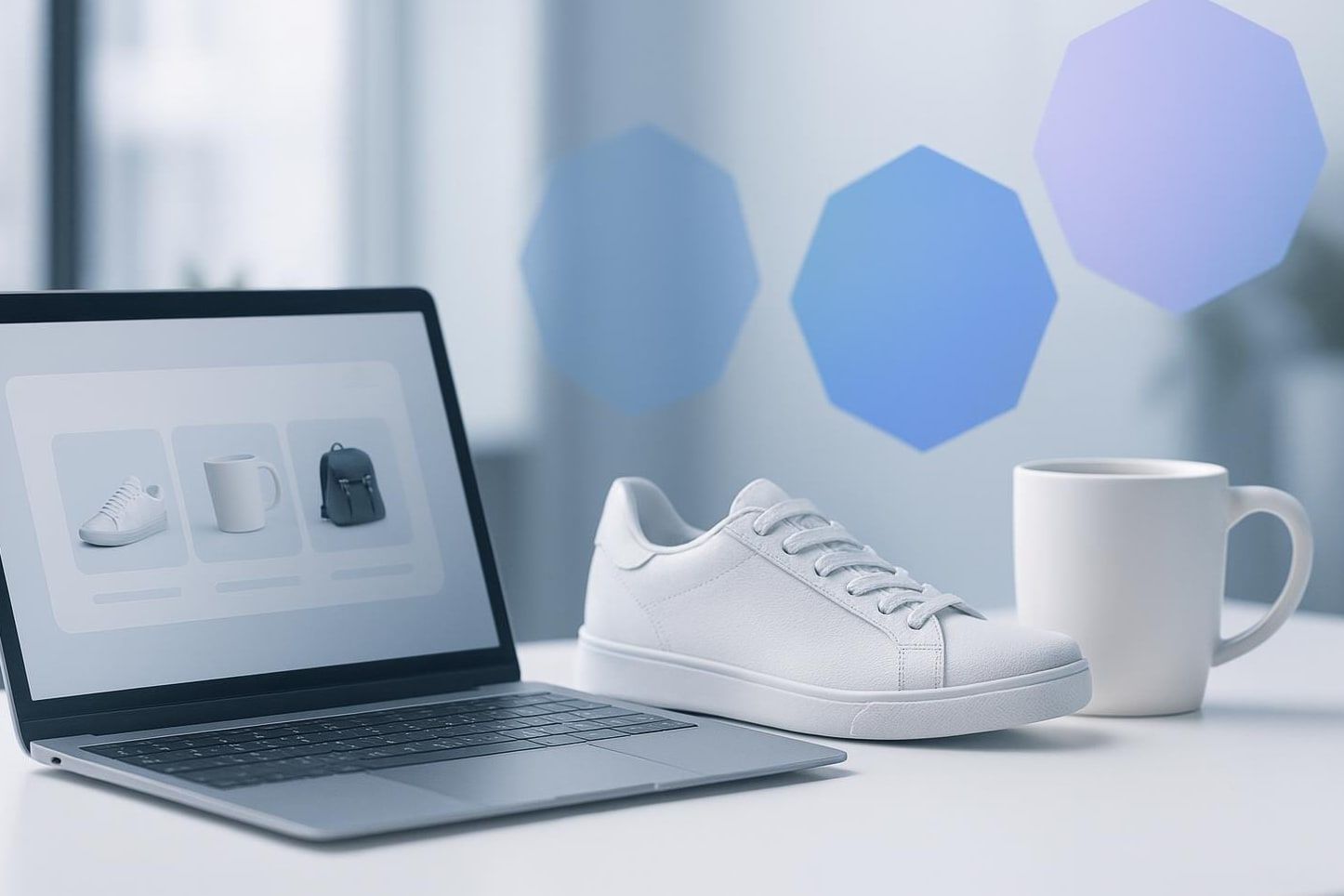 Laptop mit Produktanzeigen, daneben Sneaker und Tasse, als Sinnbild für Google Shopping und Feed-Optimierung