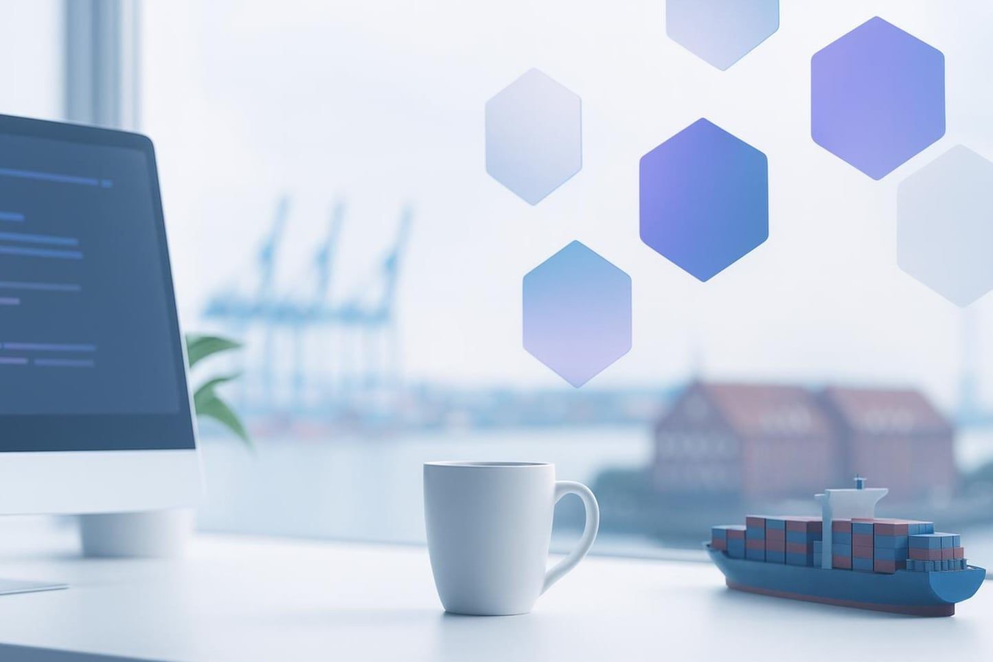 Schreibtisch mit Code-Monitor und Containerschiff-Modell vor dem Hamburger Hafen als Sinnbild für die Laravel Agentur Hamburg