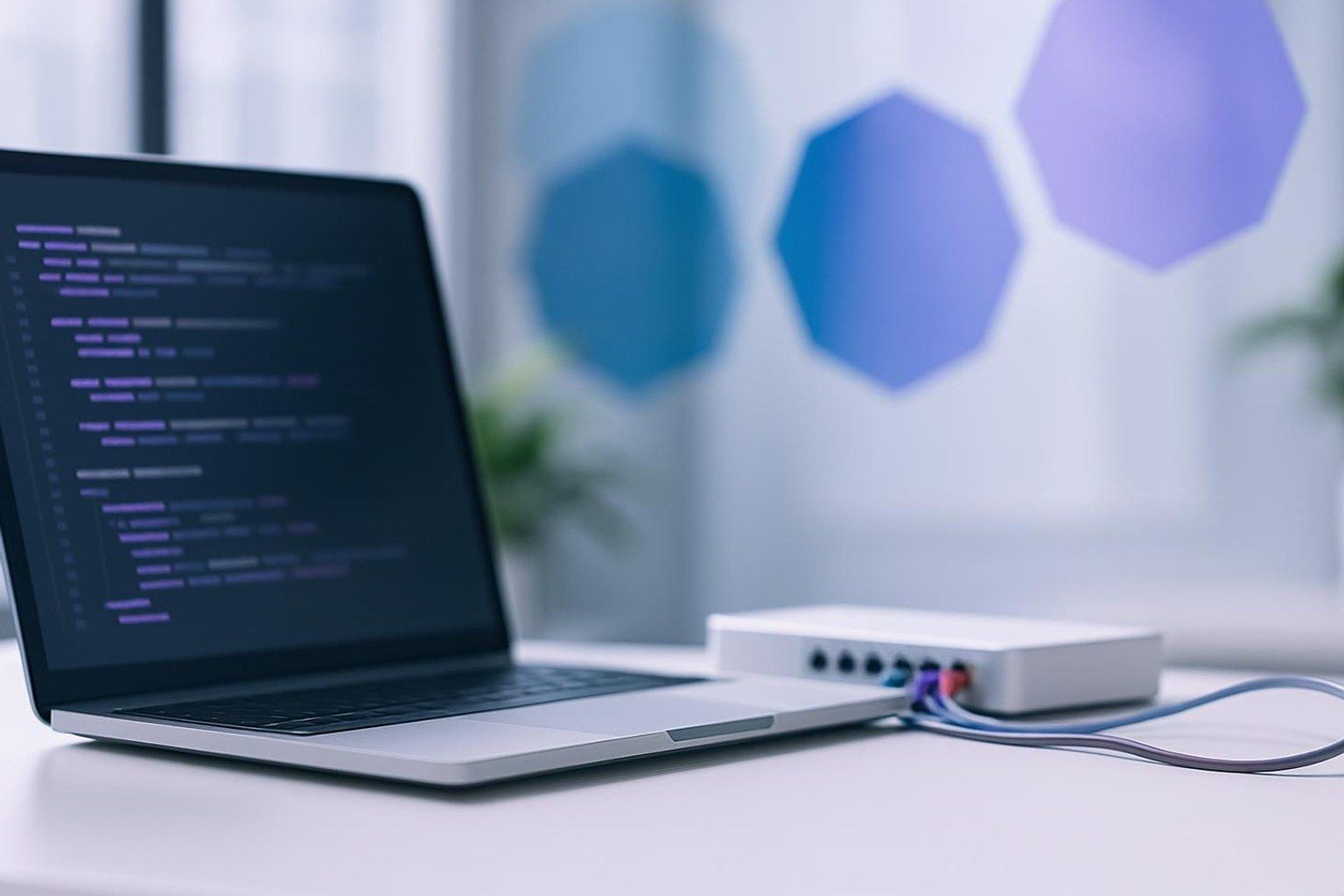 Laptop mit Code und Netzwerk-Switch als Sinnbild für individuelle Schnittstellen per API, CSV und XML