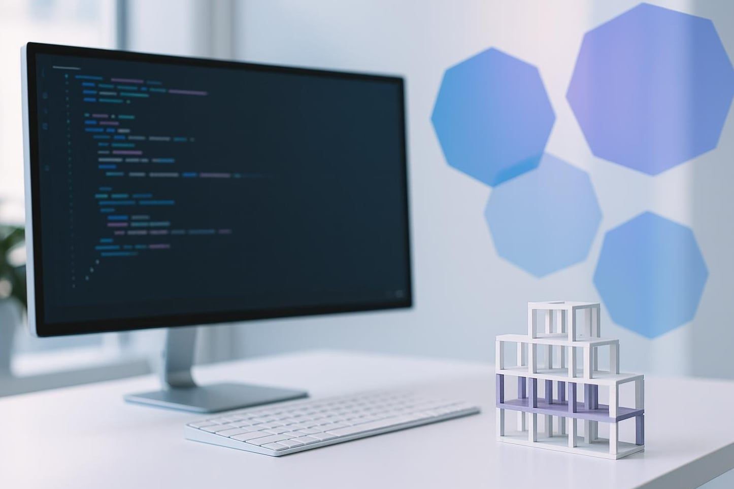 Monitor mit Code-Editor, Tastatur und Modell aus modularen Bausteinen als Sinnbild für Laravel-Entwicklung