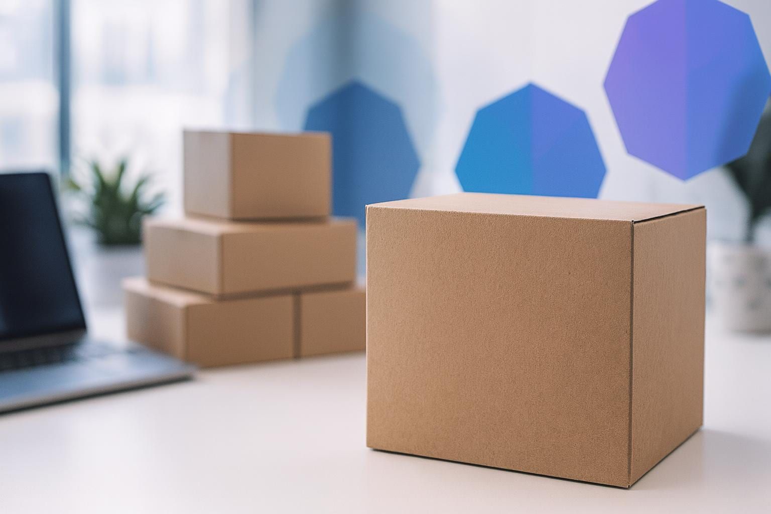 Umzugskartons neben einem Laptop im Büro als Sinnbild für die Migration auf Shopware 6