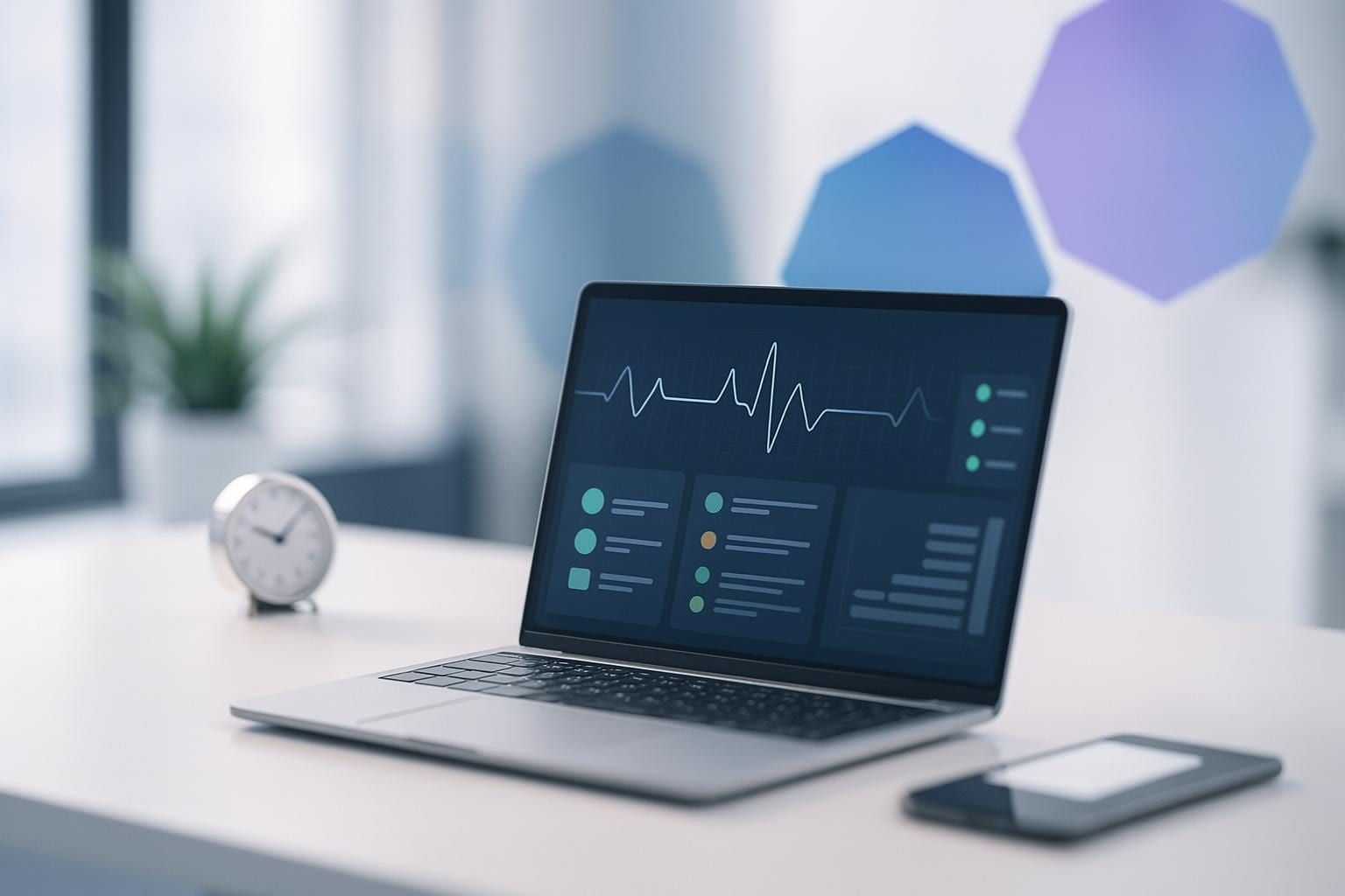 Laptop with a monitoring dashboard, heartbeat curve and status indicators, symbolising round-the-clock shop monitoring