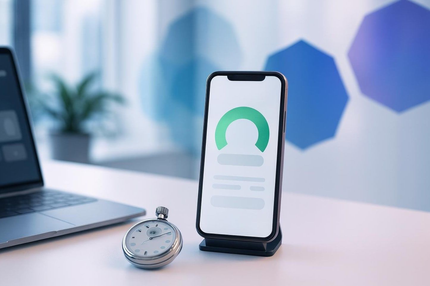 Smartphone mit grüner Bewertungsanzeige und Stoppuhr als Sinnbild für PageSpeed-Optimierung