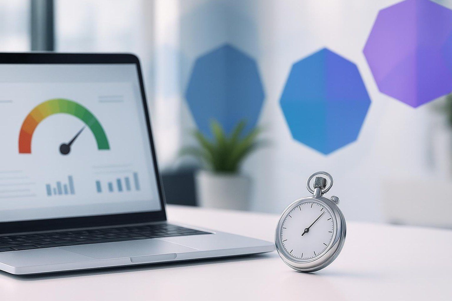 Laptop mit Tacho im Performance-Dashboard und Stoppuhr als Sinnbild für Shopware Performance-Optimierung