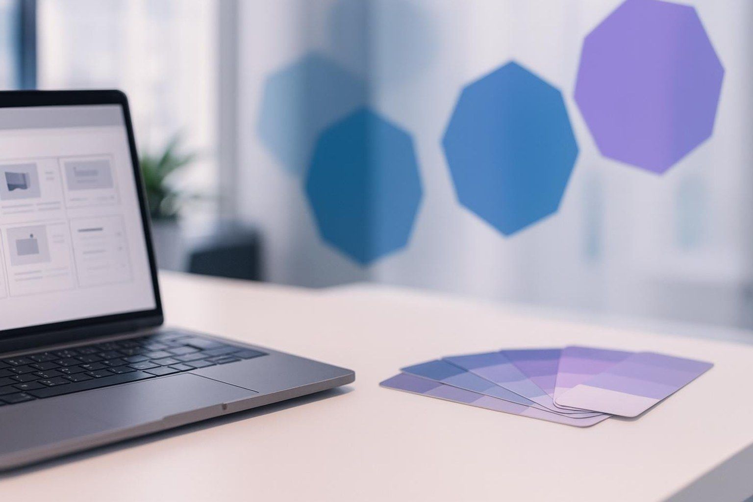 Laptop mit Produktdaten und Farbfächer als Sinnbild für die PIM-Anbindung für Shopware 6