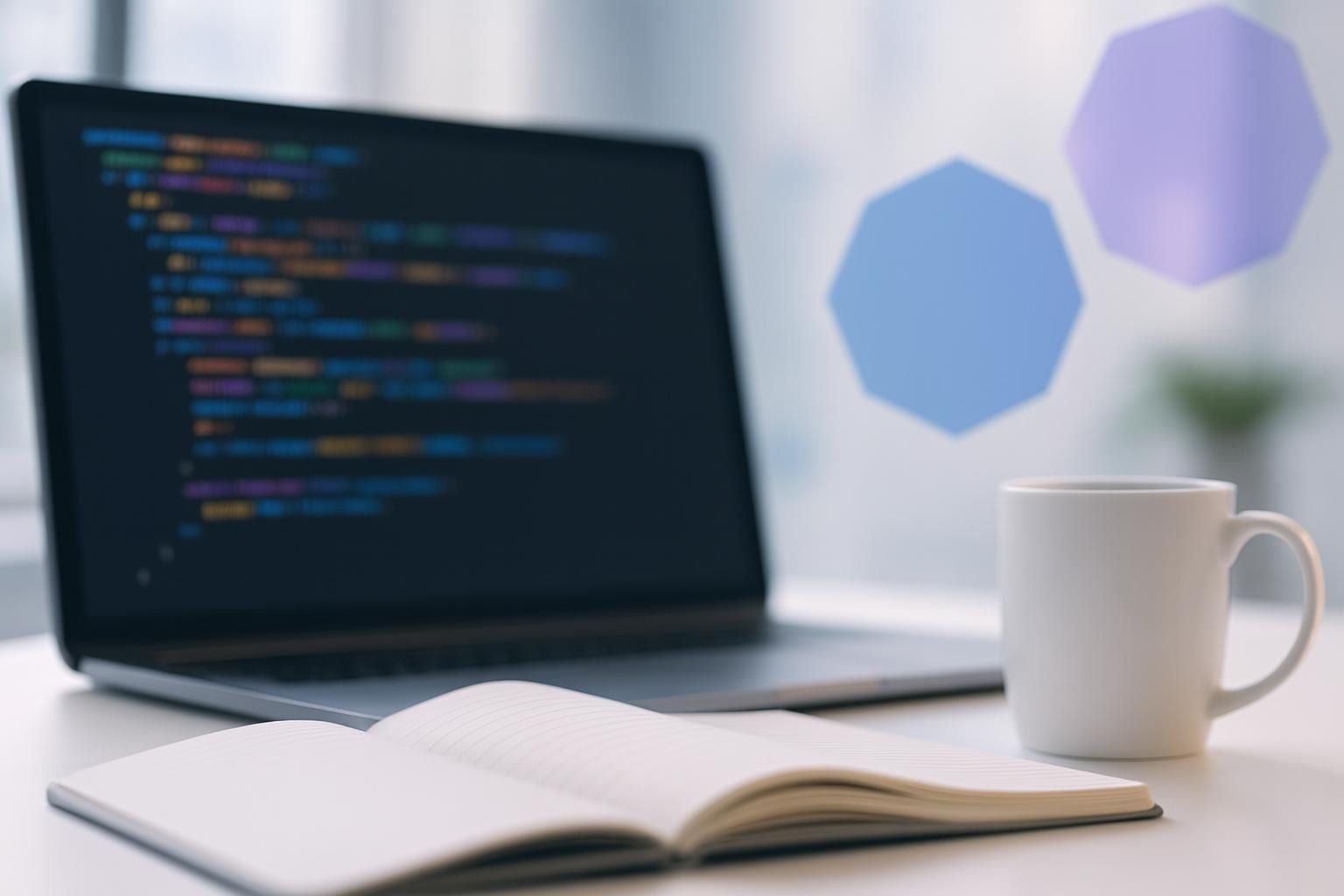 Monitor mit Quellcode, Kaffeetasse und Notizbuch als Sinnbild für Shopware Plugin-Entwicklung