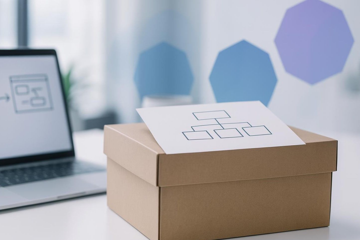 Umzugskarton mit ausgedruckter Seitenstruktur vor einem Laptop als Sinnbild für eine sichere SEO-Migration