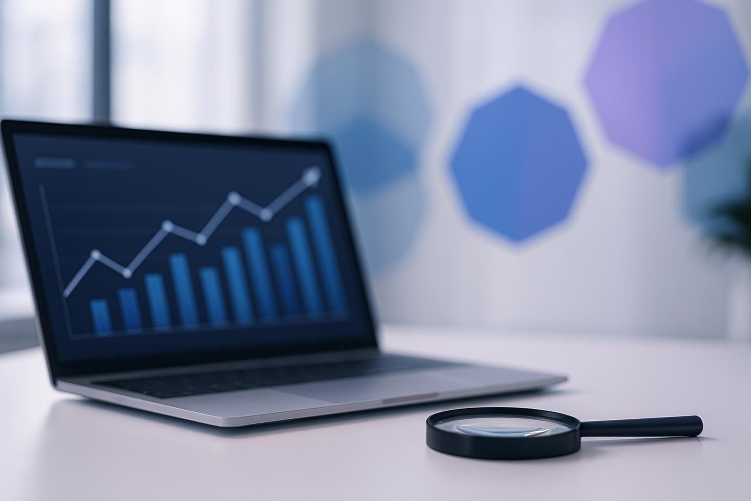 Laptop mit steigender Kurve im Dashboard und Lupe als Sinnbild für Shopware SEO