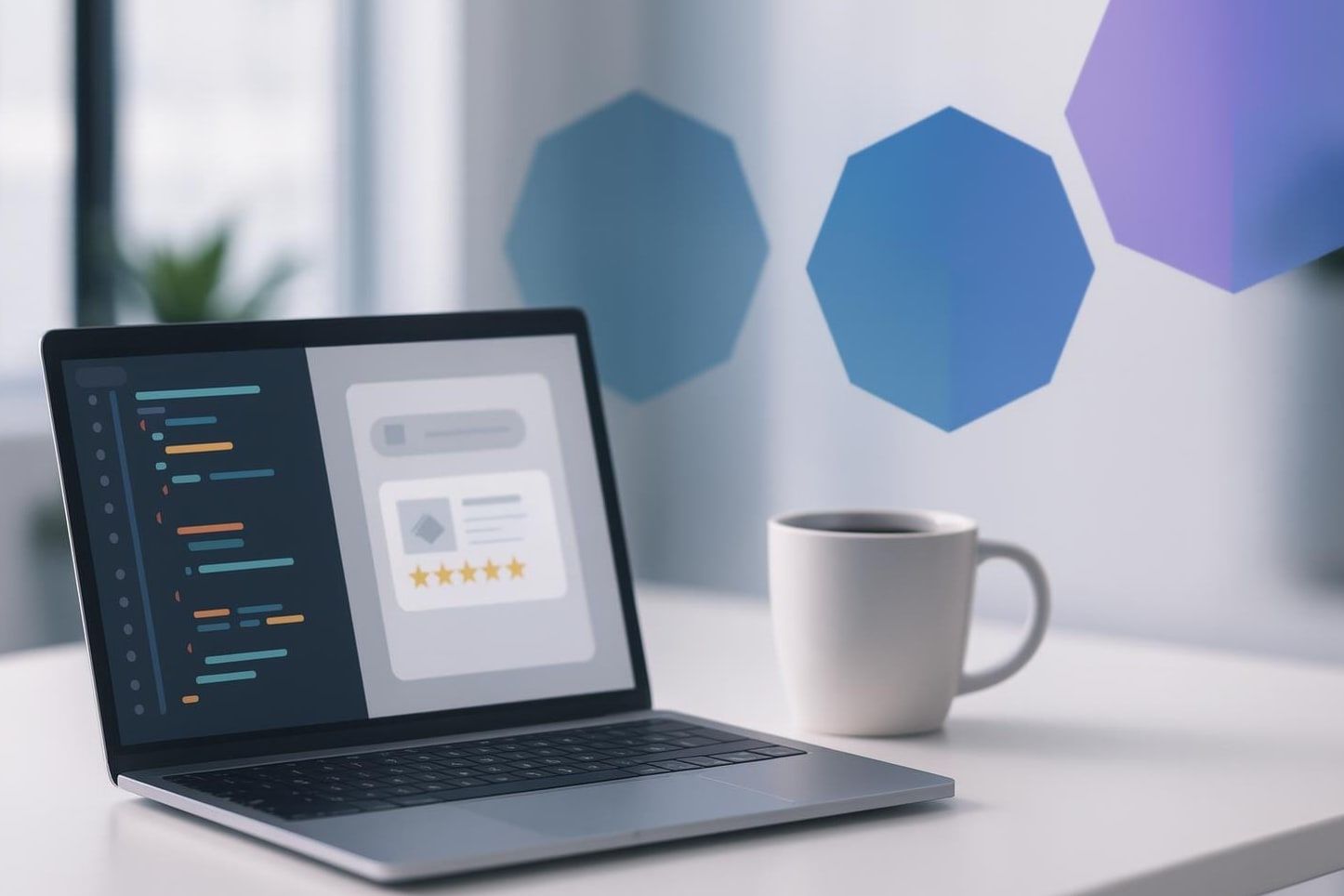 Laptop mit Code und Suchergebnis mit Sternebewertung als Sinnbild für Rich Snippets und strukturierte Daten