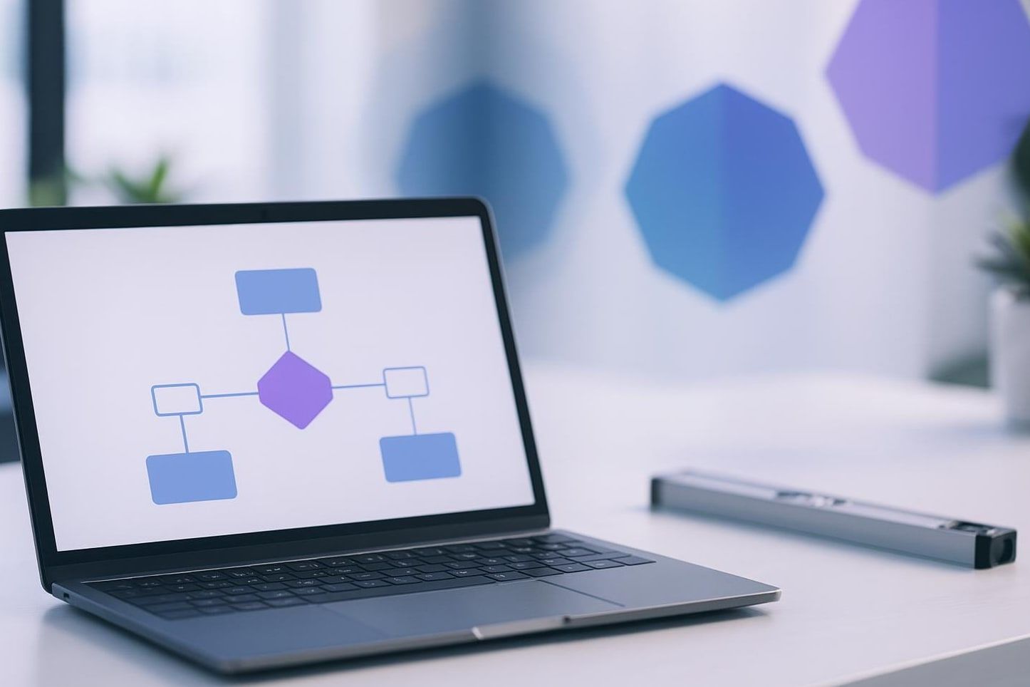 Laptop mit Seitenstruktur als Baumdiagramm und Wasserwaage als Sinnbild für technisches SEO