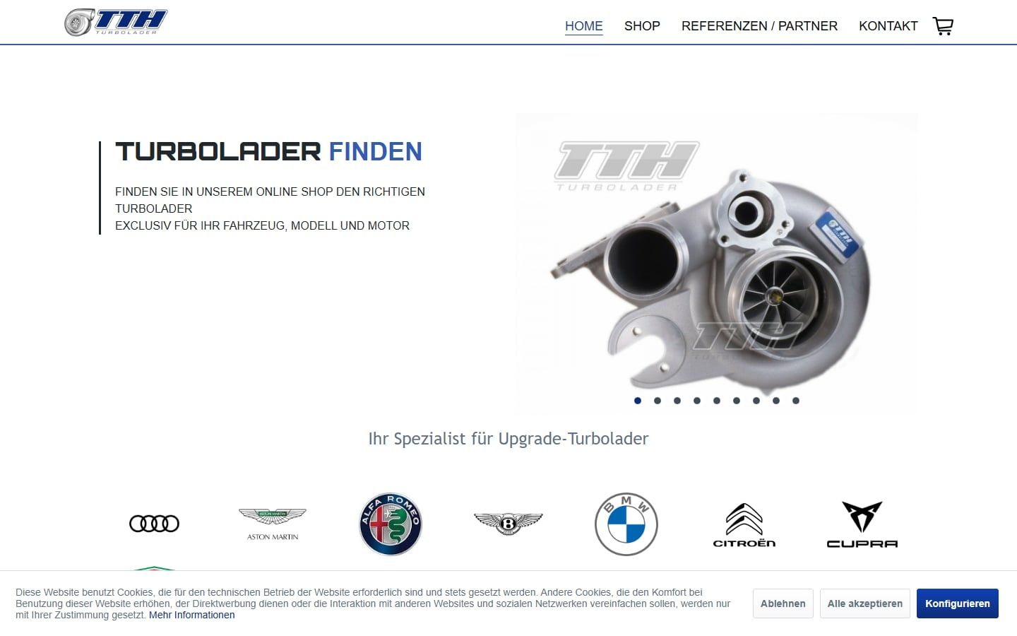 Startseite des Onlineshops von Turbo Technik Hamburg mit Turbolader und Fahrzeugmarken, umgesetzt von Web Labels