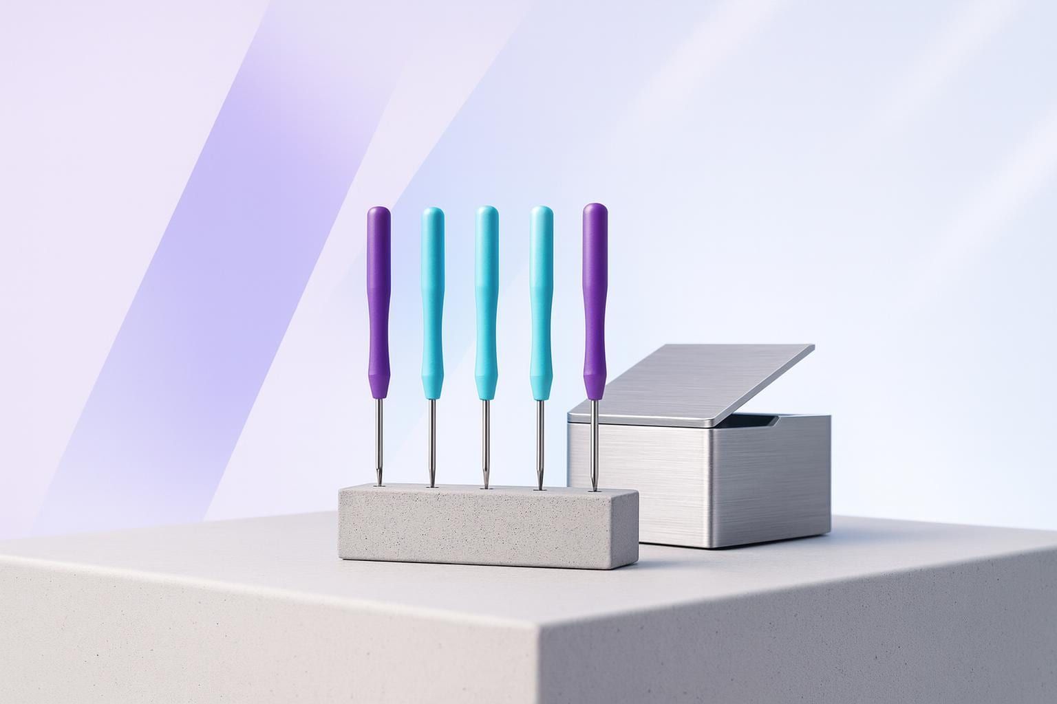 Screwdriver in a concrete holder next to an opened aluminium module, symbolising maintenance and updates