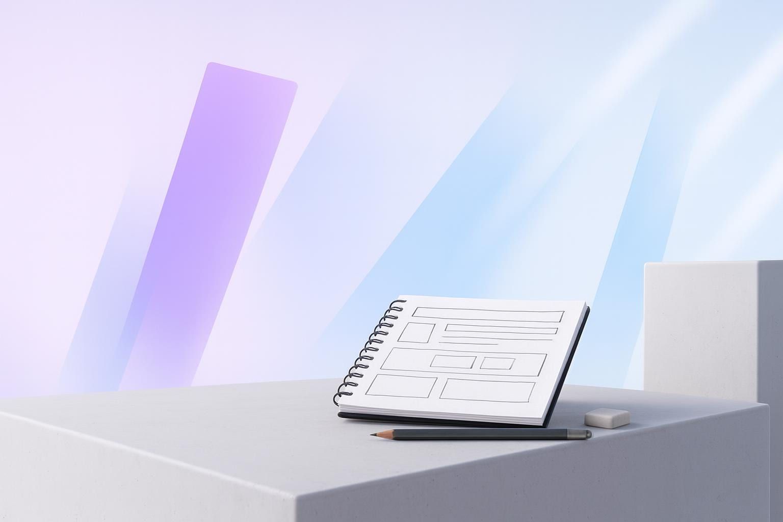 Offenes Skizzenbuch mit Wireframe-Skizzen, Bleistift und Radiergummi als Sinnbild für Website Consulting