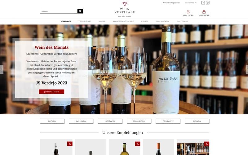 Projekt für Wein Vertikale: Ansicht der Website, umgesetzt von Web Labels