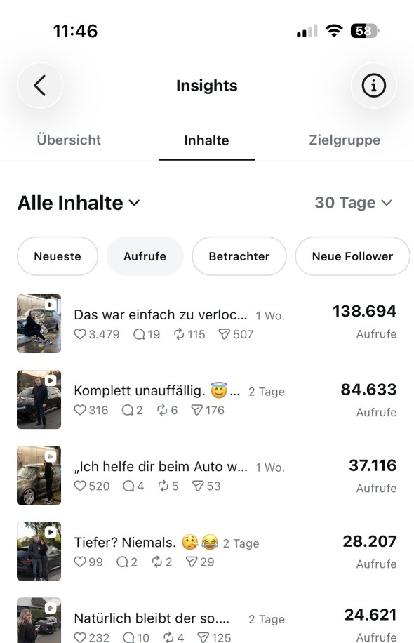 Instagram-Insights, Inhalte: einzelne Beitraege mit 138.694 und 84.633 Aufrufen