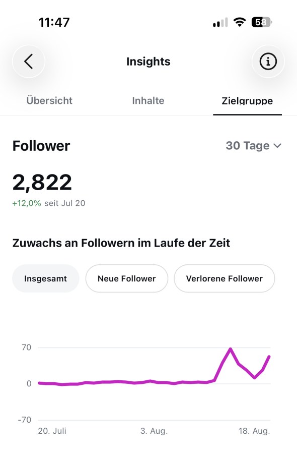 Instagram-Insights, Zielgruppe: 2.822 Follower, plus 12 Prozent seit 20. Juli