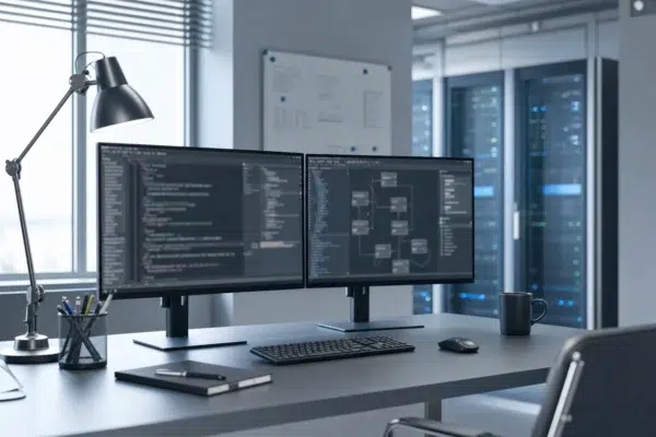 Entwicklerarbeitsplatz mit Monitoren und Serverracks, Thema Laravel AI SDK offiziell vorgestellt